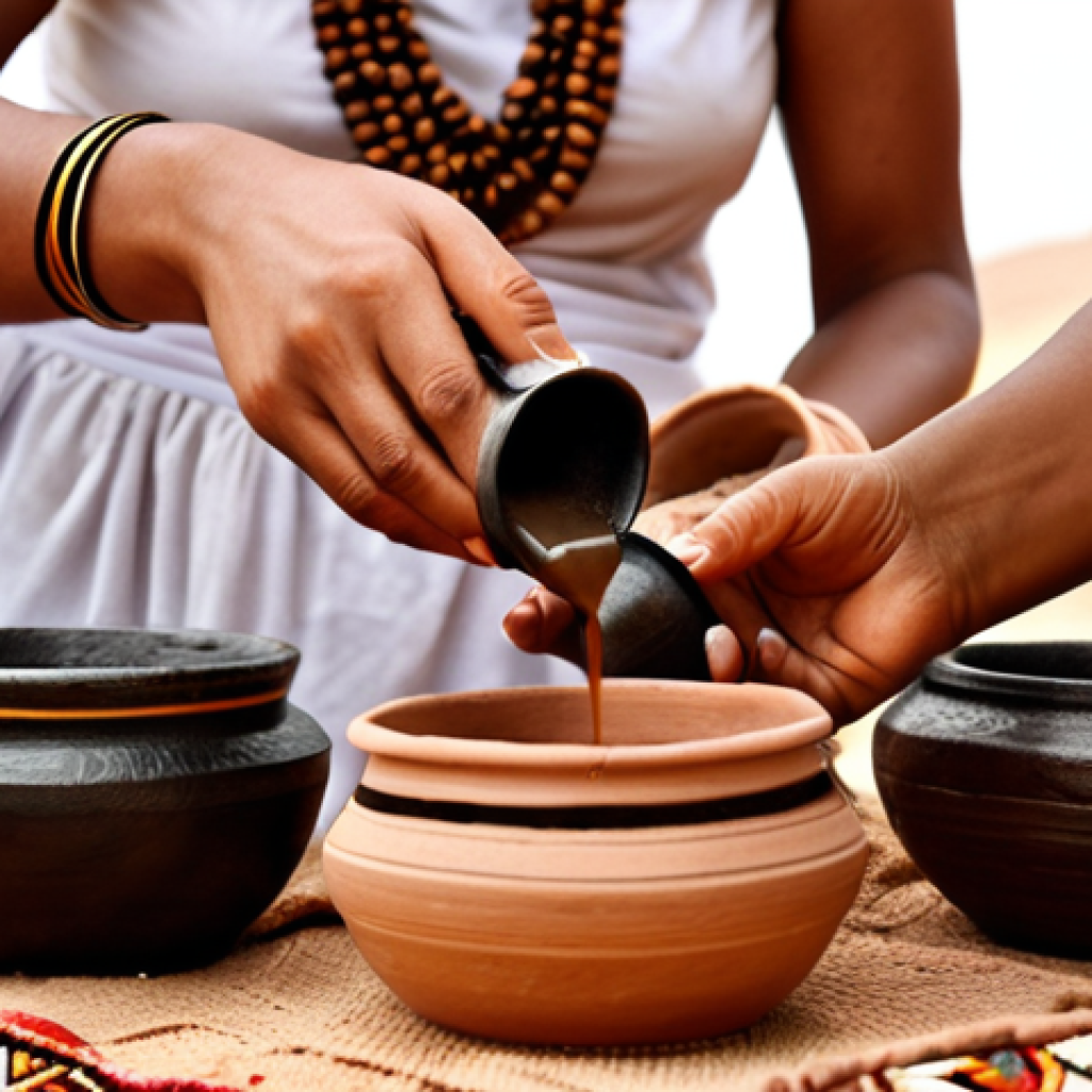 A traditional Eritrean coffee ceremony. A woman in traditional dress pours coffee from a jebena (traditional clay pot) into small cups. Frankincense burns in the background.