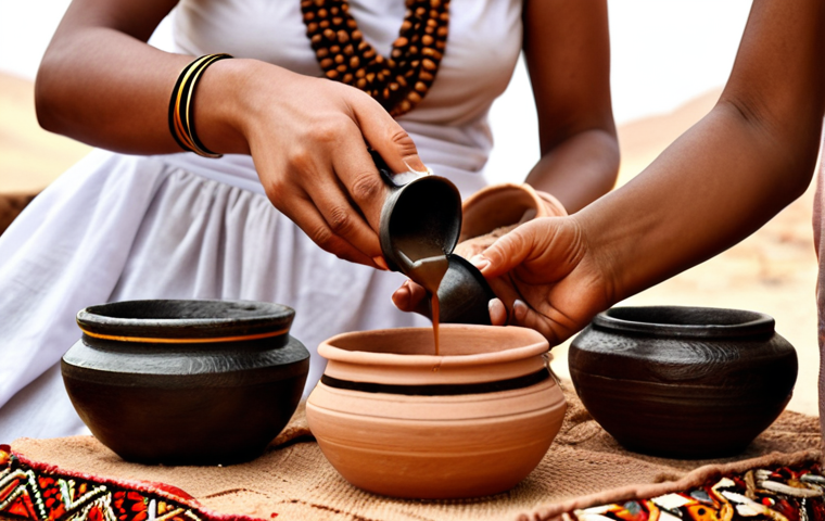A traditional Eritrean coffee ceremony. A woman in traditional dress pours coffee from a jebena (traditional clay pot) into small cups. Frankincense burns in the background.