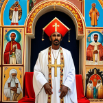 Eritrean Orthodox church scene with traditional clothing, religious icons, and vibrant colors, symbolizing the historical roots of religious conflict in Eritrea.