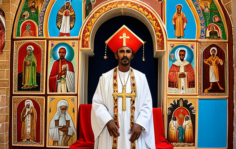 Eritrean Orthodox church scene with traditional clothing, religious icons, and vibrant colors, symbolizing the historical roots of religious conflict in Eritrea.